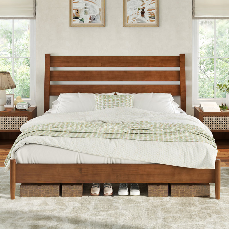  Solid Wood Queen Bed Frame with Reclining Slatted Headboard, Light Brown, Light Brown, Queen