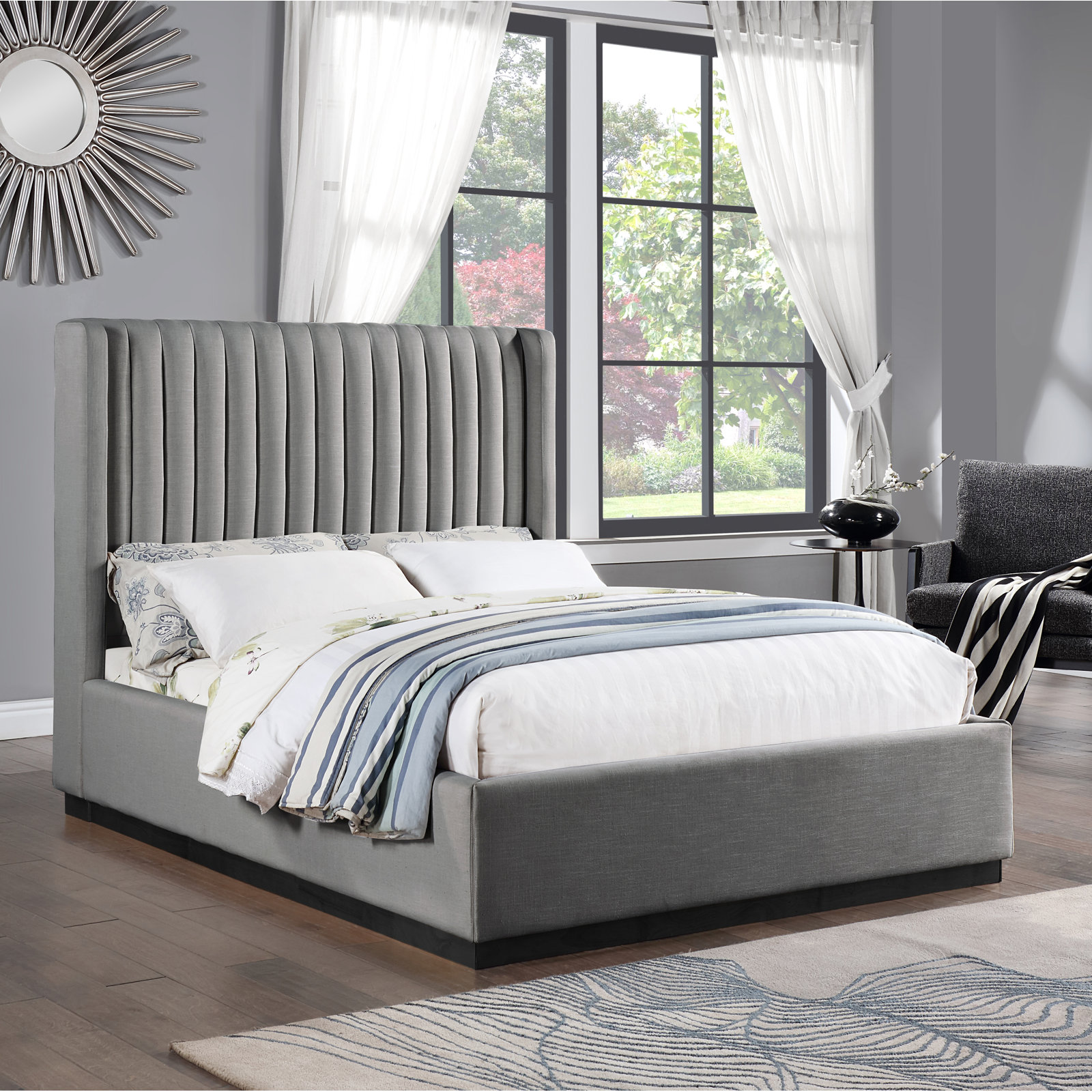 Chamblis Upholstered Wingback Bed, Grey Linen Textured Fabric, Queen