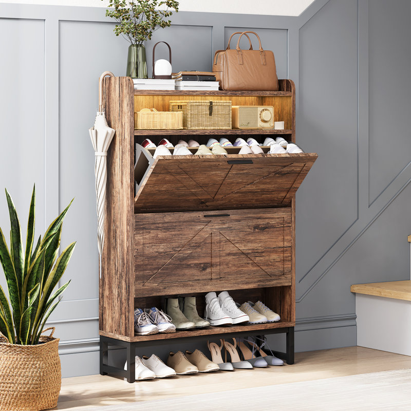 Armoire à chaussures avec 2 tiroirs rabattables, armoire de rangement pour chaussures Farmhouse, Brun
