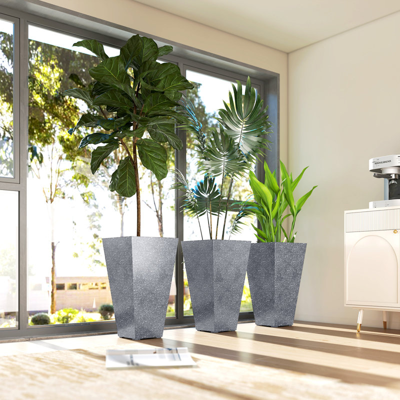 Ensemble de 3 grandes jardinières grises, finition en marbre plastique, décoration intérieure / extérieure
