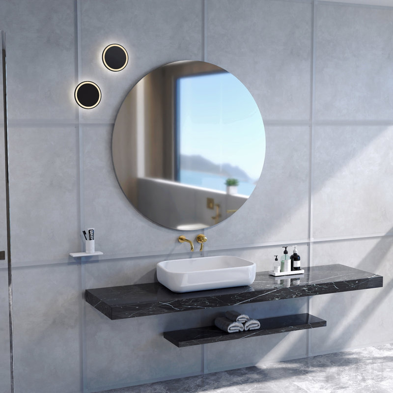Miroir de salle de bain 70 cm, miroir rond, panneau blanc mat