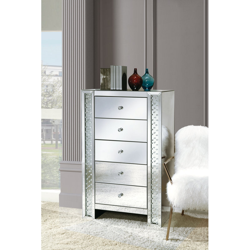 Commode 5 tiroirs Olyn, Miroir / faux cristaux