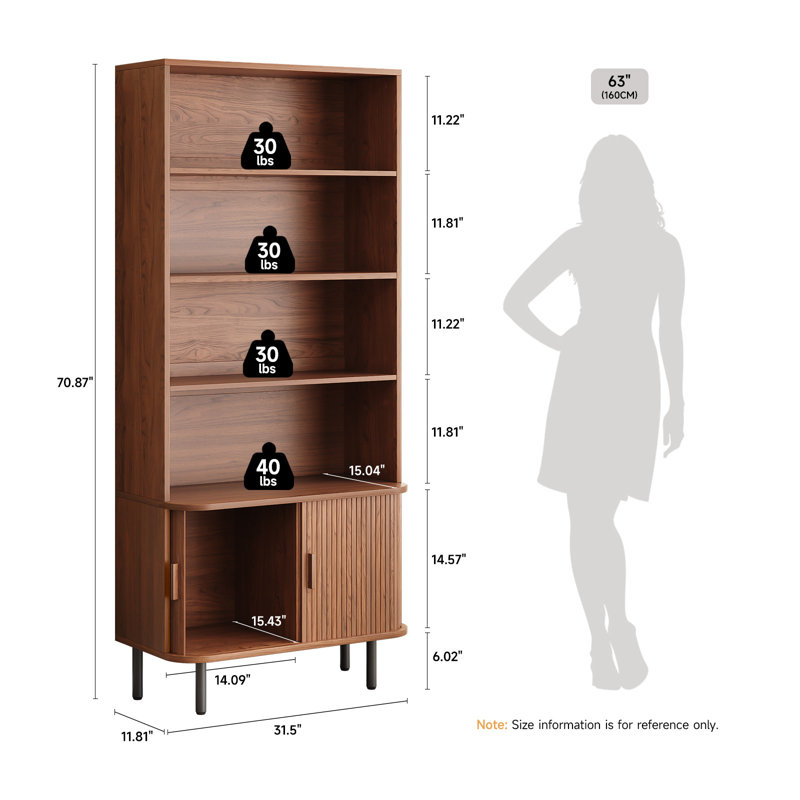  Bibliothèque de 71 po de hauteur avec armoire de rangement, Noyer