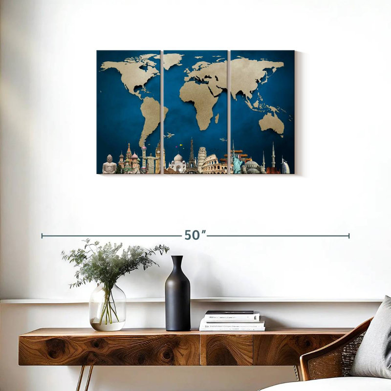 Carte du monde océan bleu 3 pièces, H 20 po x l 33 po x P 1,25 po
