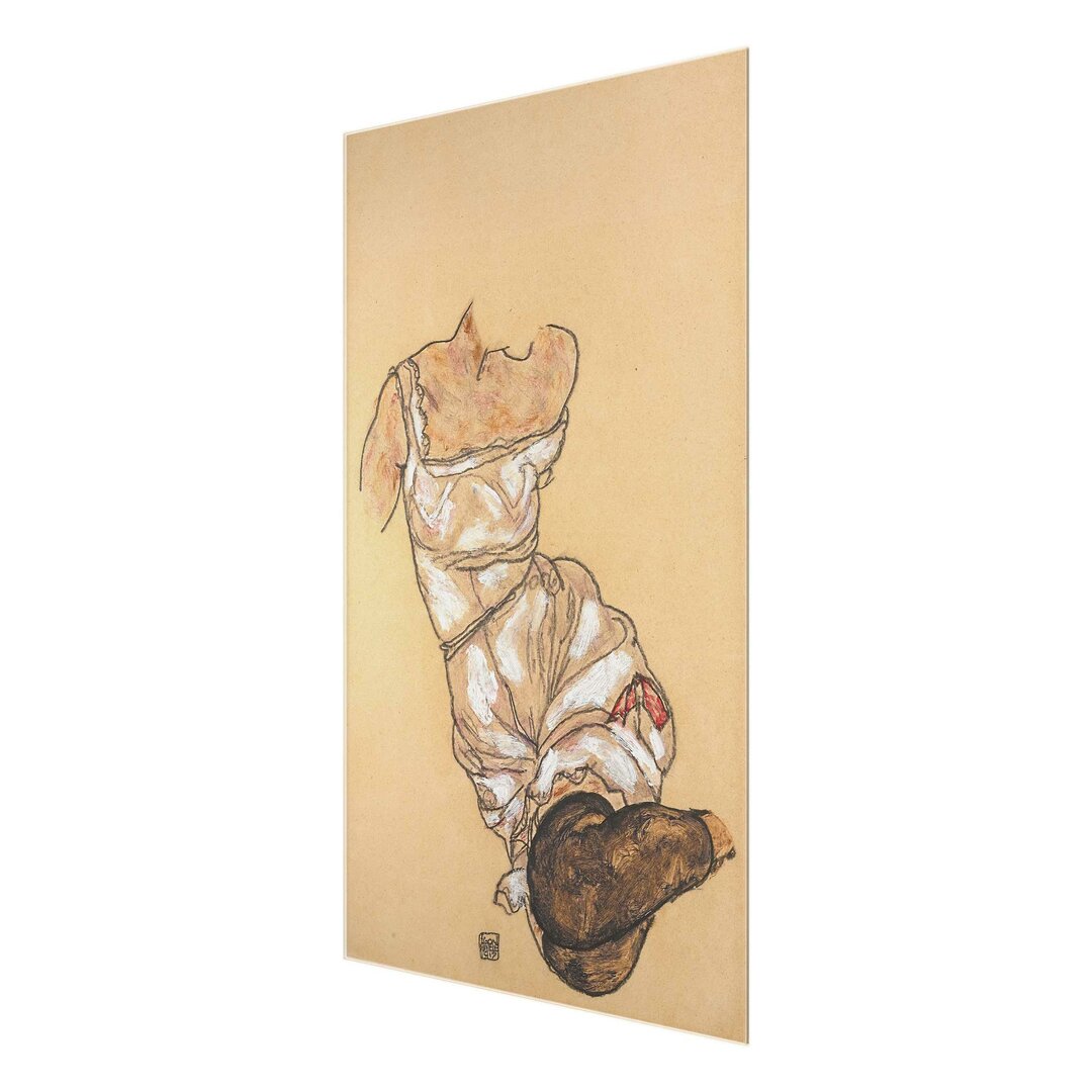 Glasbild Ein Frauentorso in Unterwäsche und mit schwarzen Strümpfen von Egon Schiele