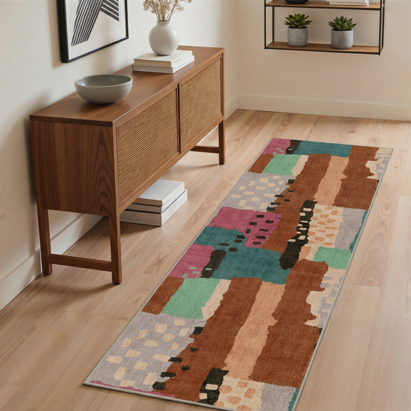 Tapis d'intérieur moderne à rayures / moka lavable à la machine avec envers antidérapant, Tapis de couloir de 2 pi x 7 pi