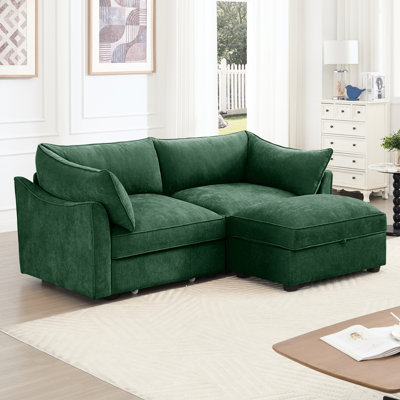 Chenille 2 - Seat With Footrest And Movable , Pull Out Storage Under Each Seat, Unique Crescent Shaped Design Wrapped Armrest Cushions, Piping Details On Cushion Edges, Hidden In Seats, Soft Fabric,