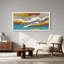 Tableau abstrait géométrique paysage sur toile jaune moutarde et turquoise-923319532