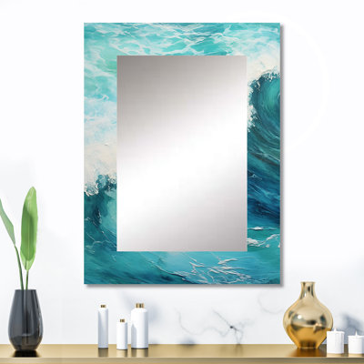 «Ocean Teal Wave Expression I - Waves Unique Mirror», grand miroir mural bleu, reproduction d'art en métal