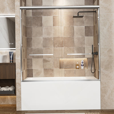 Aluminum Frame Double Sliding Shower Door, Soft-Close Bathtub Door With Explosion-Proof Film And Stainless Steel Handles