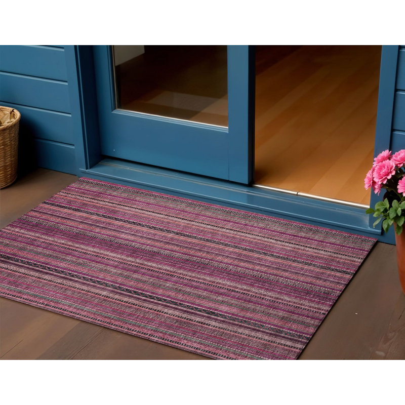 3' X 5' Pink Mauve And Blush Striped Washable Indoor Outdoor Area Rug
