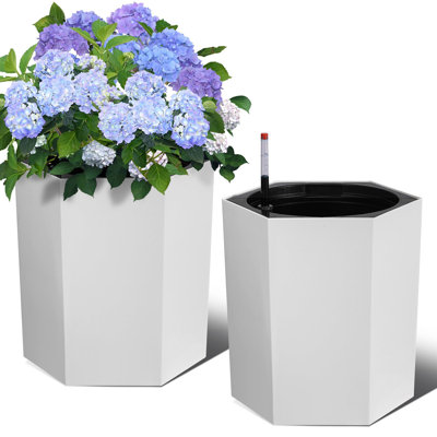 16 Inch Tall Outdoor Planters Set of 2, Self Watering Pots for Indoor Plants with Water Level Monitor & Drainage Hole & Wheels, Large Planter Pots for Garden, Patio, Balcony, Lounge, White
