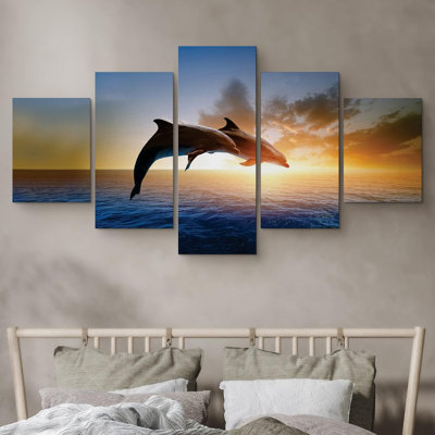 Nautical Animals " Two Jumping Dolphins At Sunset Coastal " 5 - Pieces