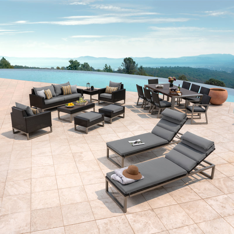 Sameko 18 Piece Rattan Complete Patio Set With Sunbrella Cushion Covers, Charcoal Grey Sunbrella®, Brown