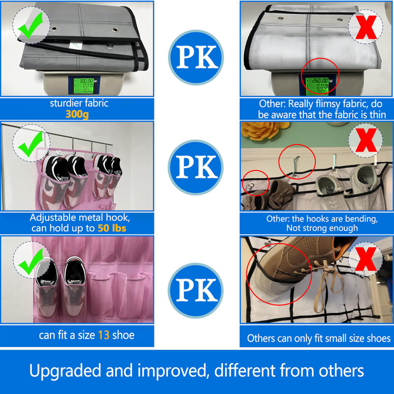 Over-the-Door Shoe Rack, 35 Large Pockets, Stores Size 13 Shoes, Sturdy Material, Hooks Fit All Doors, Pink