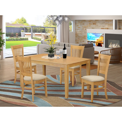 Ensemble de salle à manger 5 pièces comprenant une table rectangulaire en bois massif et 4 chaises de salle à manger en tissu de lin, 36 x 60 pouces, chêne