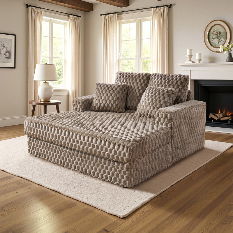 53 Inch Upholstered Chaise Lounge, Plush Sleeper Chair with Throw Pillows and Armrests, Sofa Bed Indoor for Living Room