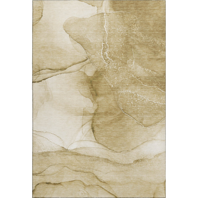 Beige Rectangular Washable Synthetic Area Rug with Non-slip Backing