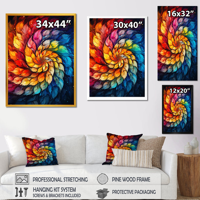 «Colorfulfloral Fractal Spiral III», impression d'art mural fractal, Cadre flottant doré, H 40 po x l 30 po