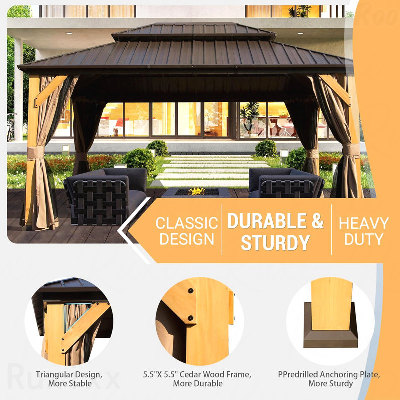 Pavillon de jardin 12X16FT, moustiquaire pour l'extérieur avec double toit, Marron foncé