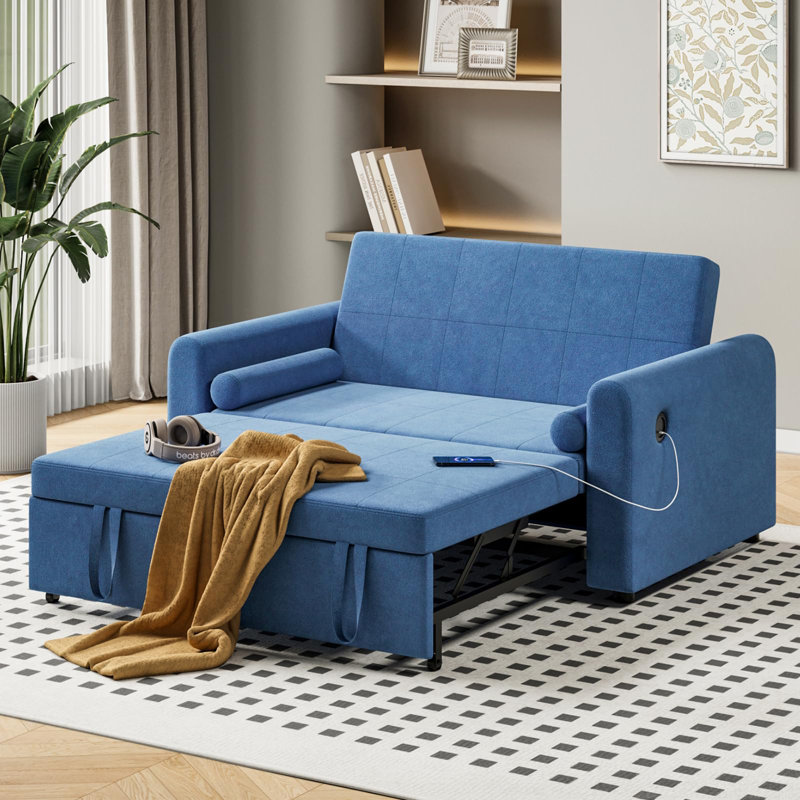 3 Seater Linen Sofa Bed, Blue Velvet