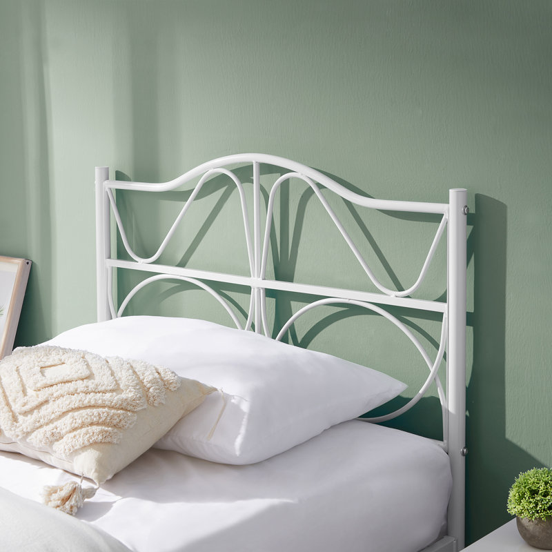 Chelby Set of 2 Twin Size Bed Frame Metal Platform Bed with Curved Design Headboard Strong Slats Support, White