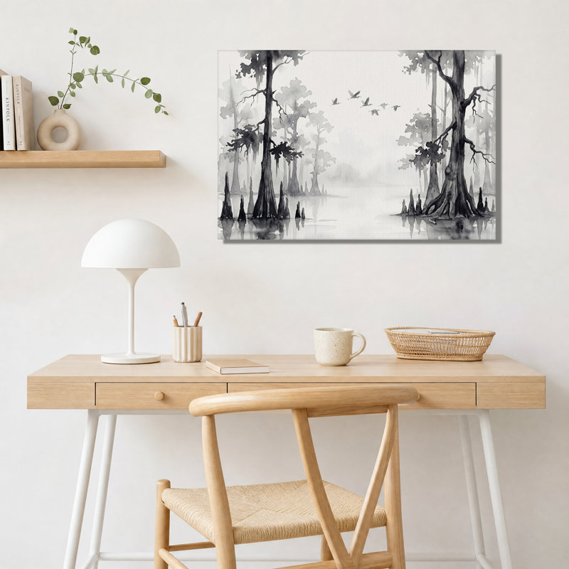 Tableau sur toile représentant des cyprès noirs et blancs et des oiseaux en vol, 12"H x 18"W