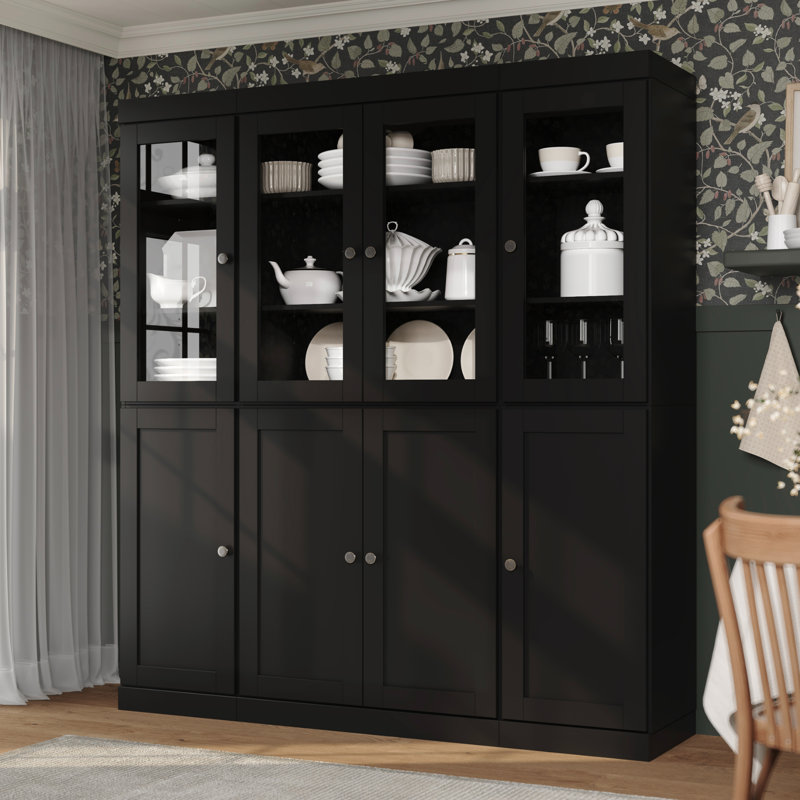 Vaisselier 100% bois massif 65 po avec verre transparent, portes Shaker et tablettes réglables, Noir