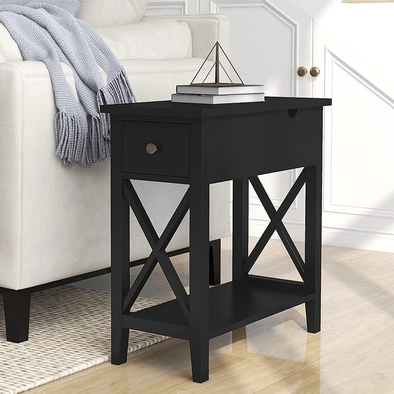 Table de bout à 2 tiroirs, table de bout étroite à plateau rabattable avec tiroir, petite table de chevet d'appoint pour petit salon et chambre à coucher, blanc