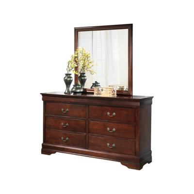 Ensemble de commode et miroir 2 pièces Deyr, 6 tiroirs, style Louis Philippe, brun