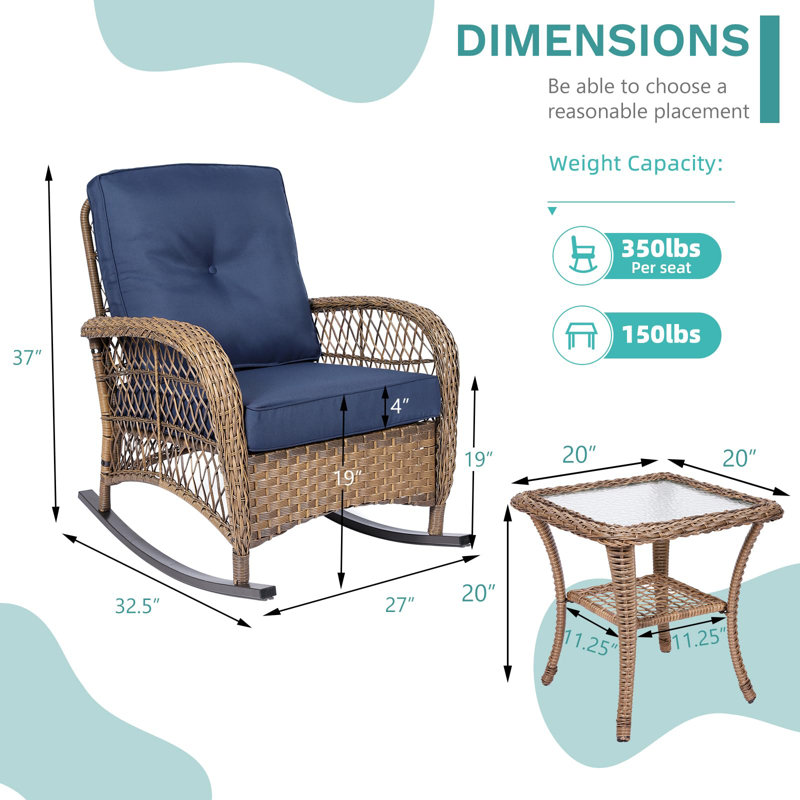 Navy Blue Cushioned Rattan Wicker Rocking Chair Set with Glass-top Table