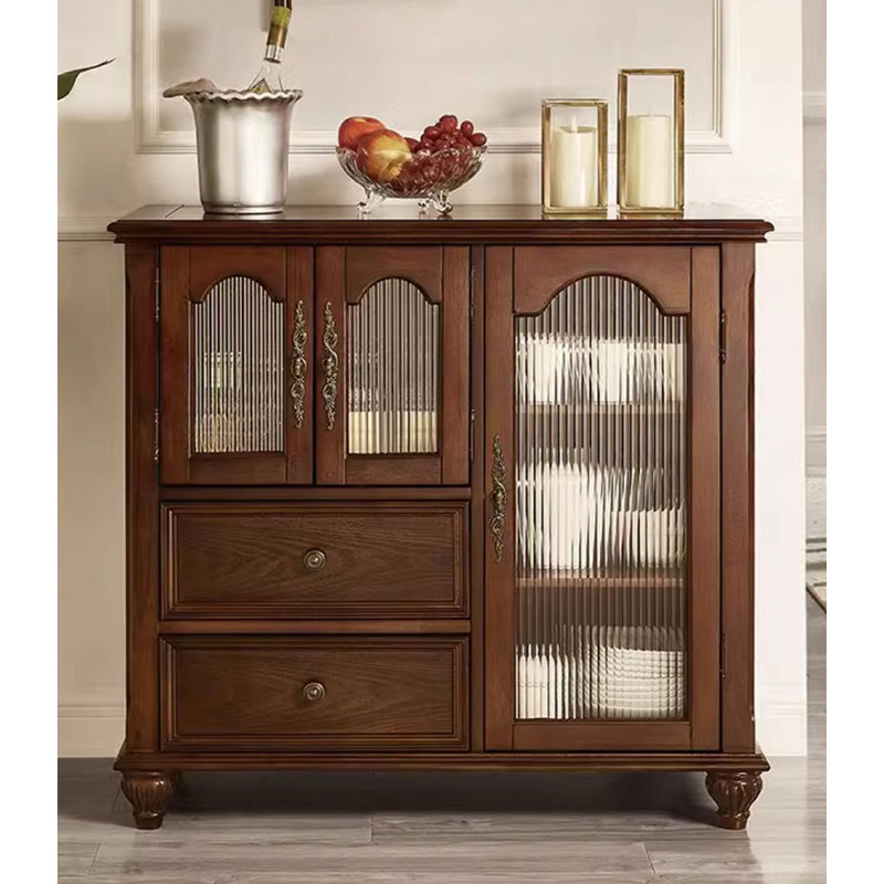 American Style Solid Wood and Glass Accent Cabinet, 37.4" H x 39.4" W x 17.7" D, Dark Brown