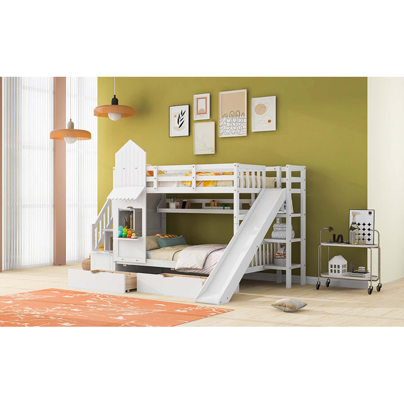 Lit superposé avec glissière et escalier Hatina, Simple sur simple, Blanc