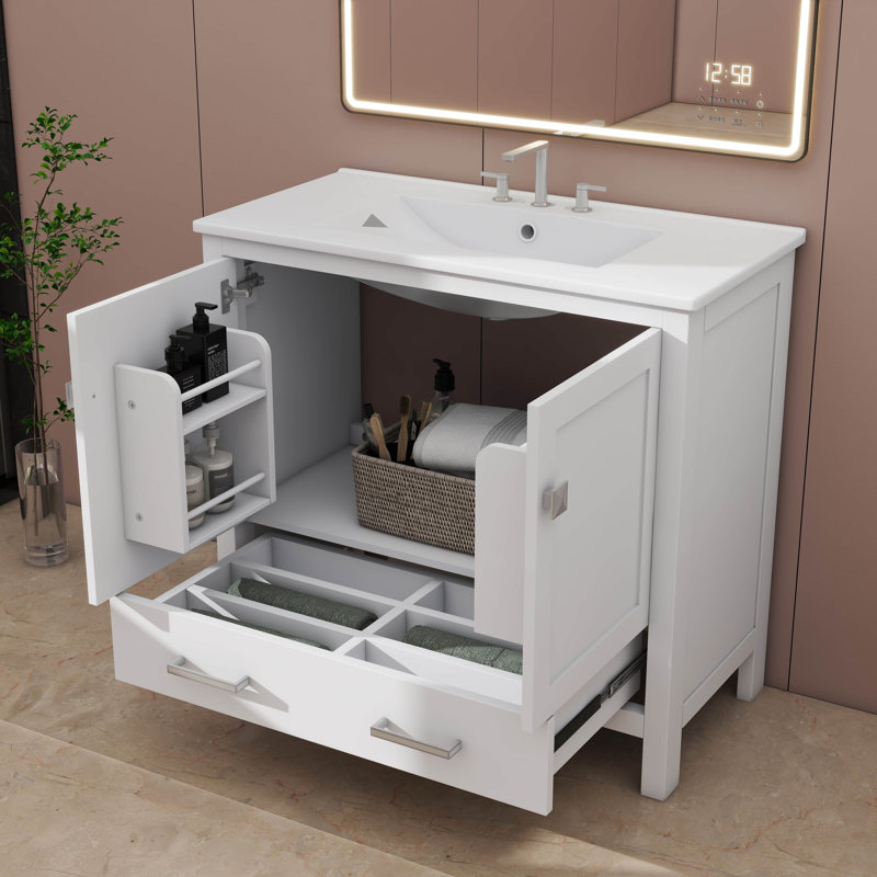 Meuble-lavabo 36 po avec lavabo en céramique, portes à fermeture silencieuse, tablettes de rangement doubles et tiroir segmenté