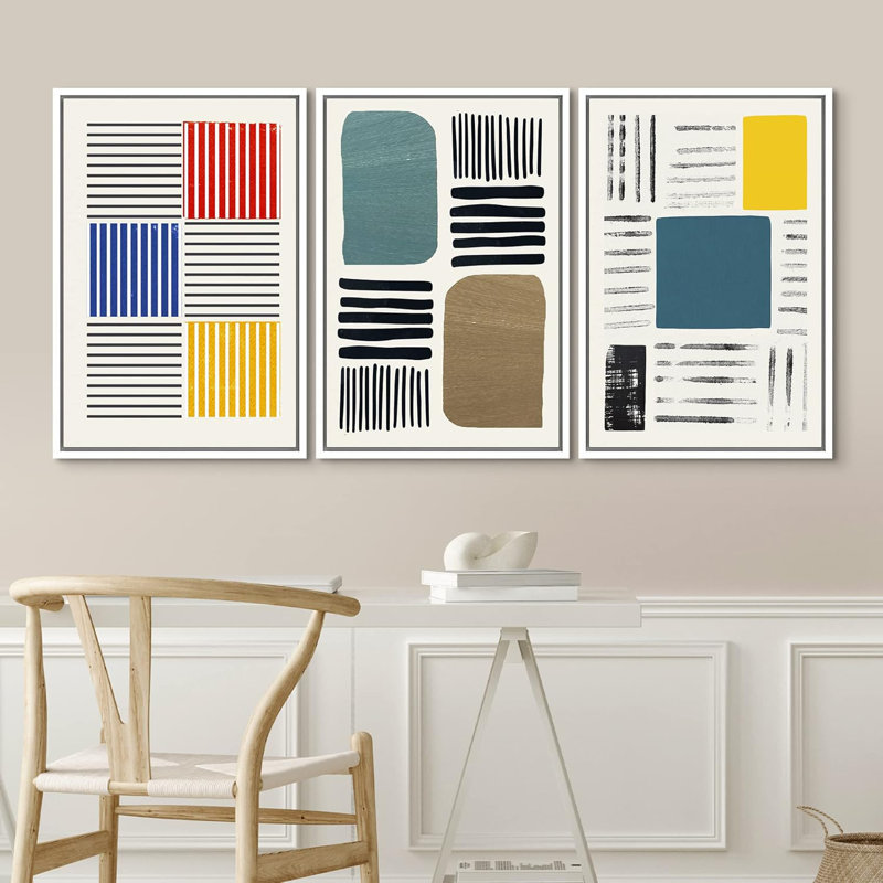 Abstract Vibrant Color Blocks Multicolor Geometric Artwork Framed Canvas 3 Pieces Print Wall Art, White, 24" H x 48" W