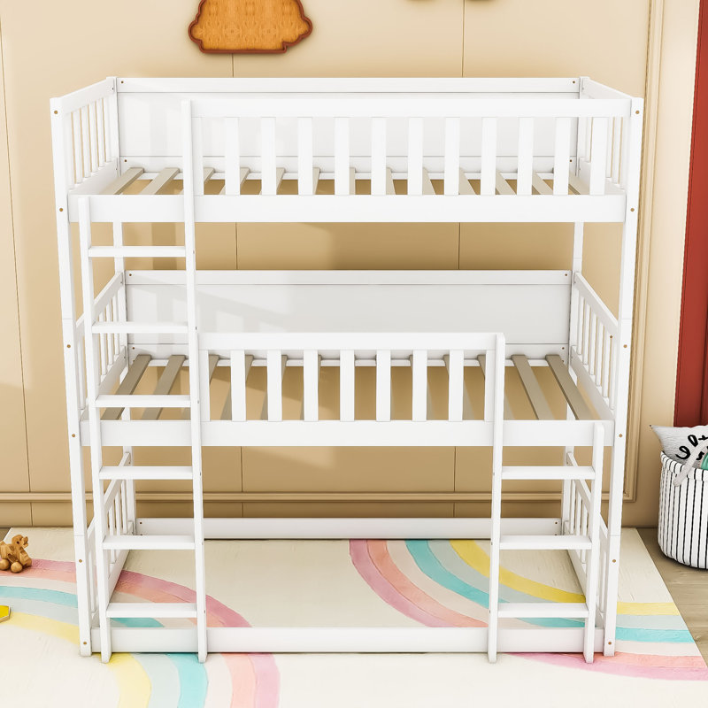 Kaio Twin Over Twin Over Twin Wooden Triple Bunk Bed With Ladders And Guardrails, White