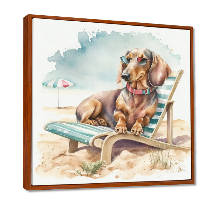«Dog Lounging on the Beach with Sun Sun III», reproduction sur toile, H 36 po x l 36 po, Cadre flottant brun