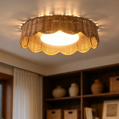 1-Light LED 16" Polished Brass Boho/Natural Farmhouse Rattan Drum Dimmabled Flush Mount for BedRoom/Entryway