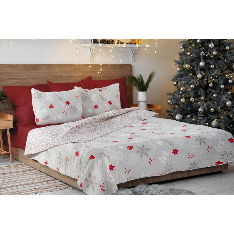 Gray and Red Microfiber Twin Reversible Holiday Quilt Set
