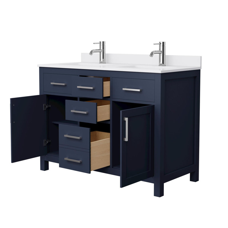Meuble-lavabo double autoportant 48 po avec plateau en marbre Beckett, Bleu très foncé, Nickel brossé