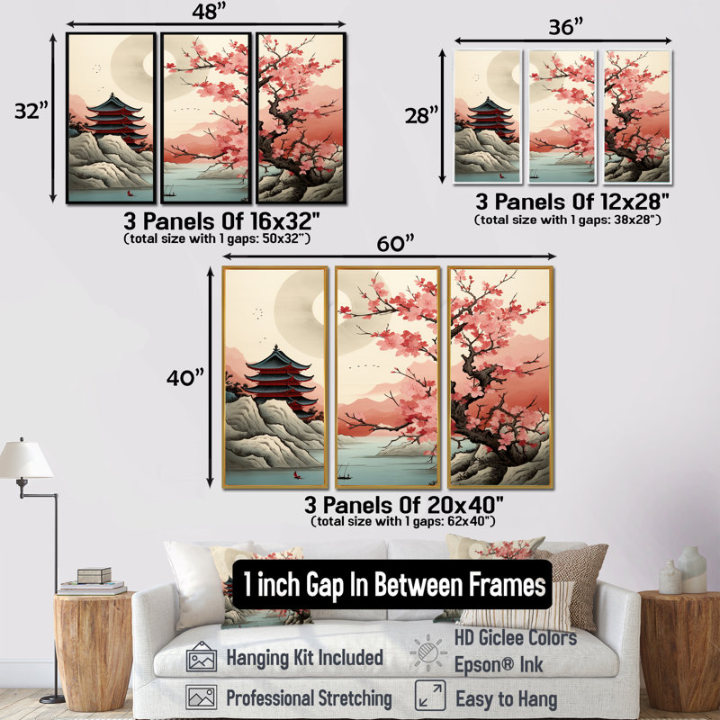 Pagode japonaise cerisier en fleurs, rivière, Japon, ensemble d'art mural paysage, Encadrement argenté