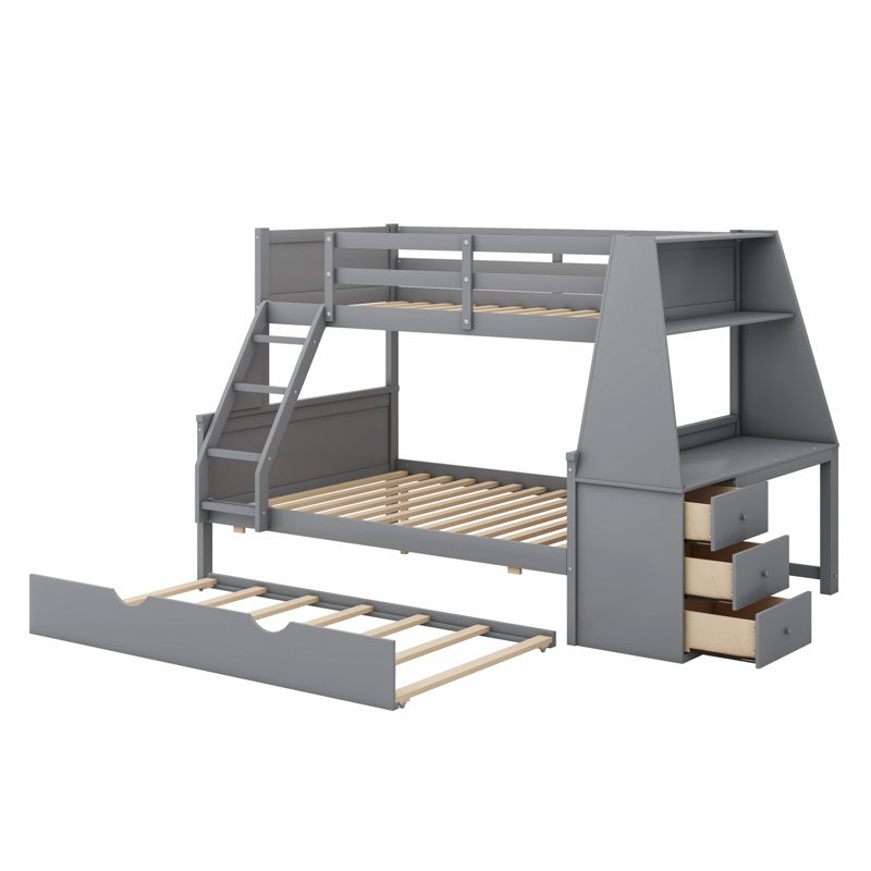 Bunk Bed With Trundle,Built-In Desk,Drawers And Shelf, Gray