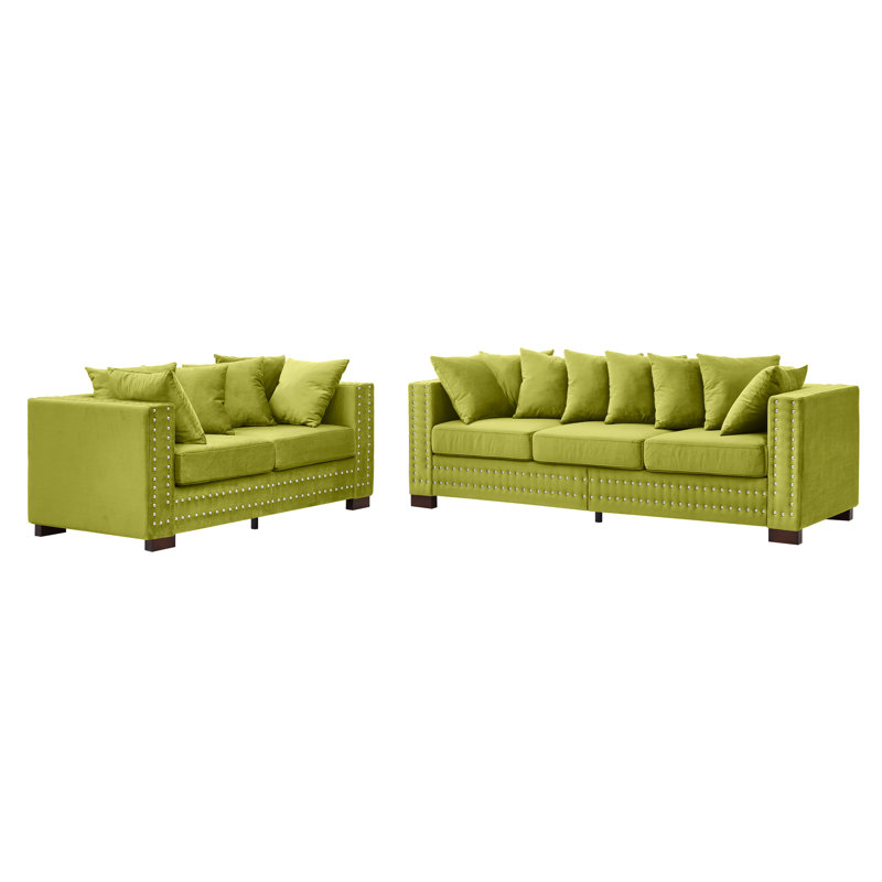 5 + 2 places en velours 2 + 3 avec design moderne, accoudoirs carrés, pieds en bois massif, coussins à ressorts et housses amovibles pour le look du salon, places assises, accoudoirs, rangement pour clous argentés
