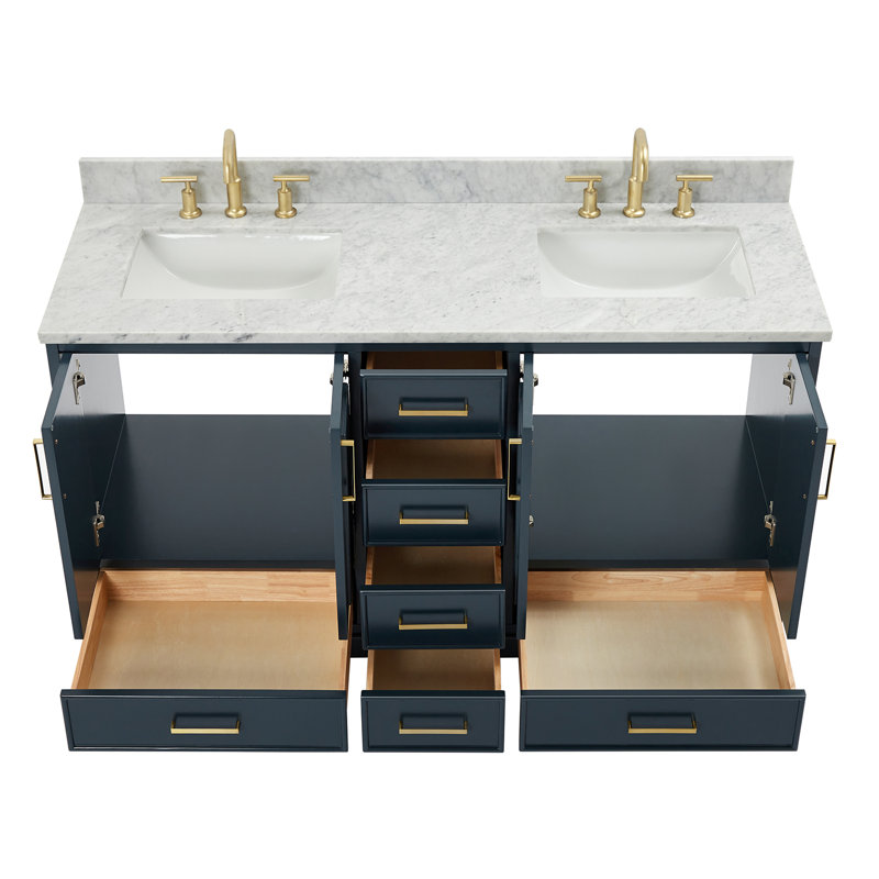 61'' Double Bathroom Vanity with Carrara Marble Top, Midnight Blue
