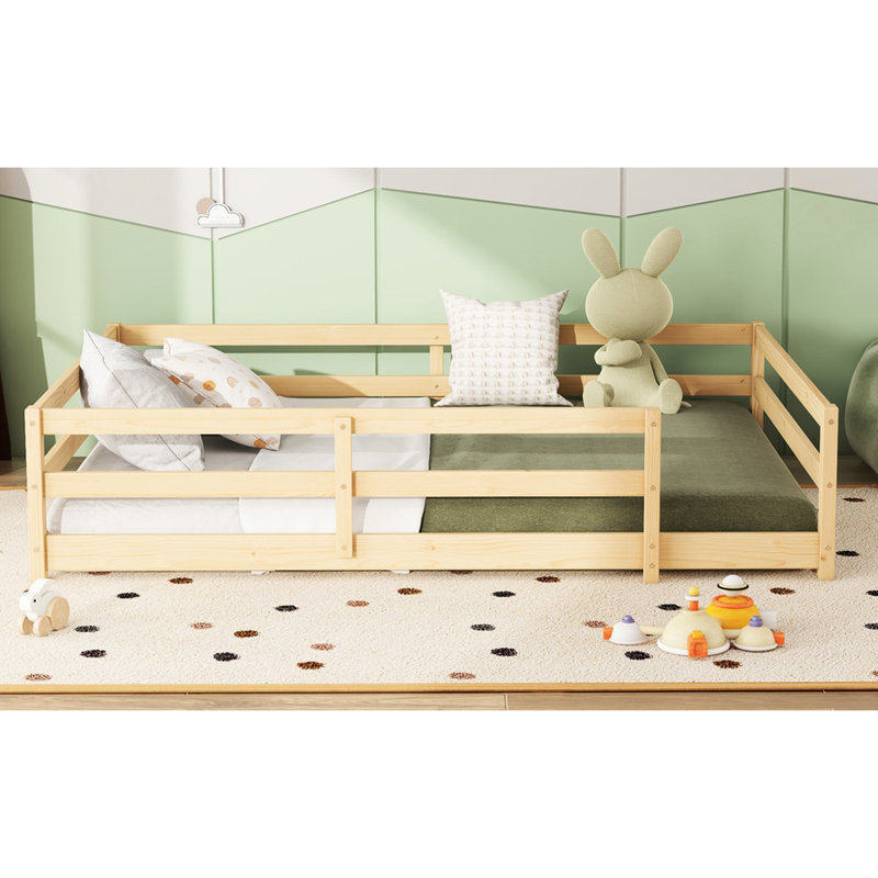 Natural Oak Full Size Floor Bed For , Pine Frame, Fence Design, Easy To Put Together, Multi - Use Material, Oak, Stable Structure, Setup And Comfortable