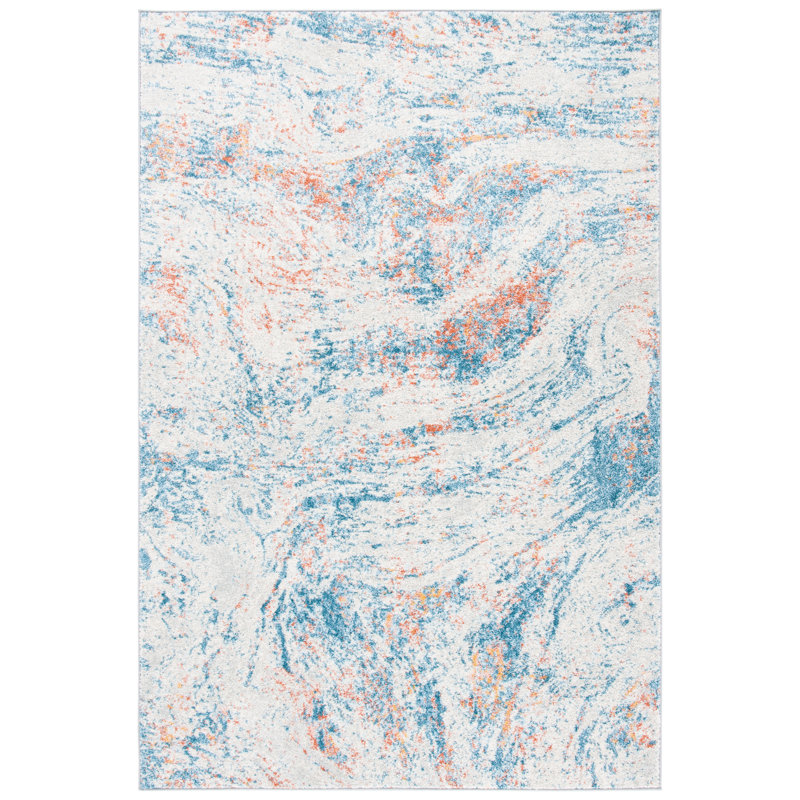 Ivory and Blue Abstract 9' x 12' Stain-Resistant Rug