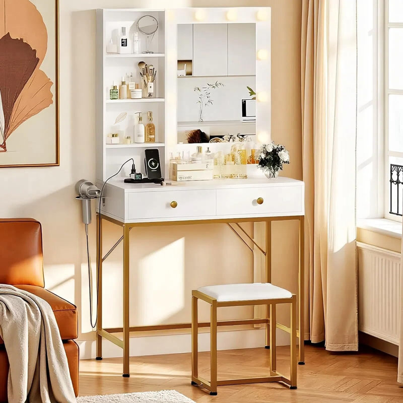 Bureau de coiffeuse, miroir à DEL professionnel, station de charge, table de maquillage à éclairage réglable de 3 couleurs, tabouret, rangement, coiffeuse en bois d'ingénierie anti-basculement pour chambre à coucher