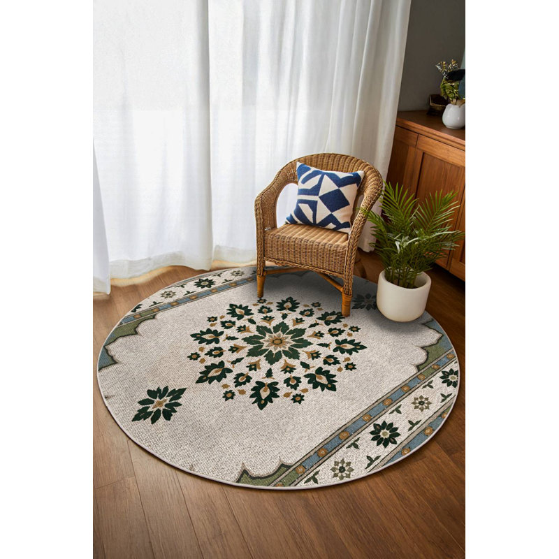 Stella Collection Digital Print Cotton-Polyester Beige Moroccan Rug, Round 5'3"