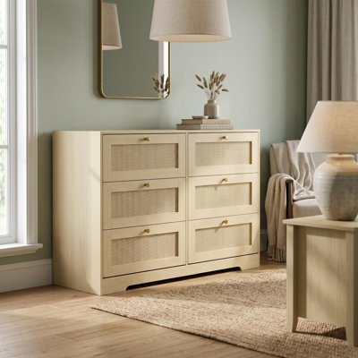 Light Natural Rattan 6-Drawer Dresser, Wide Wooden Chest of Drawers with Gold Round Knobs, Farmhouse Storage Dresser Cabinet for Bedroom Living Room Entryway