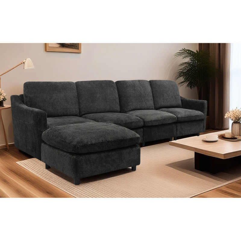 Canapé modulaire surdimensionné noir avec méridienne - siège profond moderne pour le salon ergonomique, mousse, velours court et doux, aucun canapé requis d'assemblage